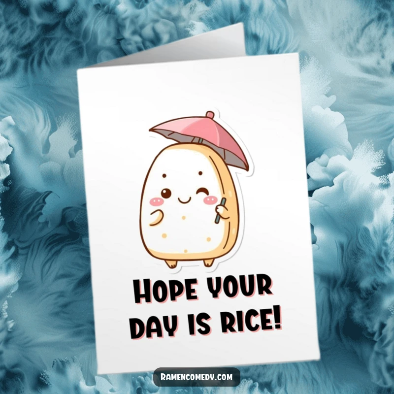 Funny Free Printable Birthday Card: A grinning onigiri character holding a tiny umbrella, ready to celebrate your special day.