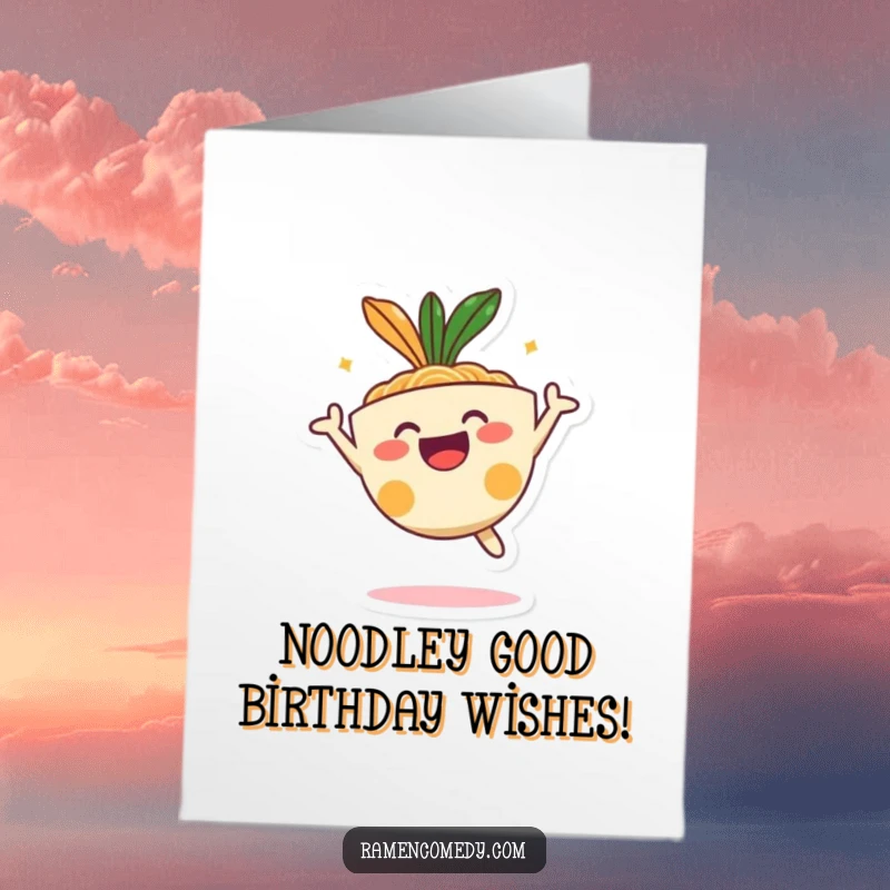 Funny Free Printable Birthday Card of a cheerful ramen bowl character executing a joyful mid-air jump with noodles flying.