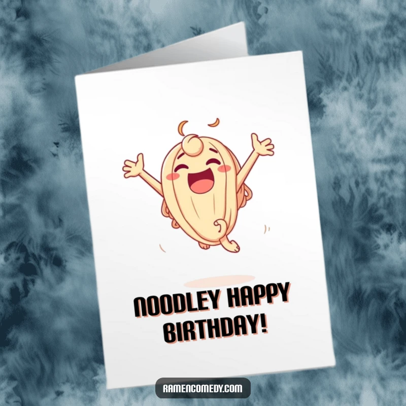Funny Free Printable Birthday Card: An excited udon noodle character leaping with pure delight and joy.