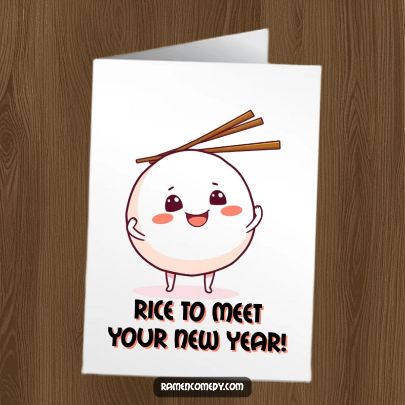 Funny Free Printable Birthday Card: Grinning onigiri ball character skillfully juggling chopsticks. Playful downloadable gift.