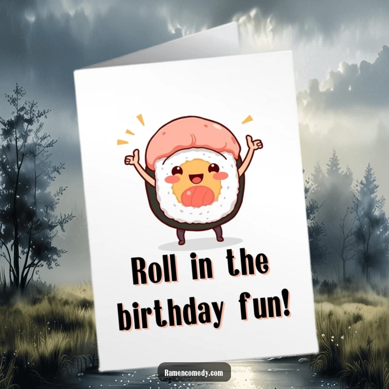 Funny Free Printable Birthday Card: A smiling sushi roll character performing a joyful celebratory dance, full of birthday cheer.