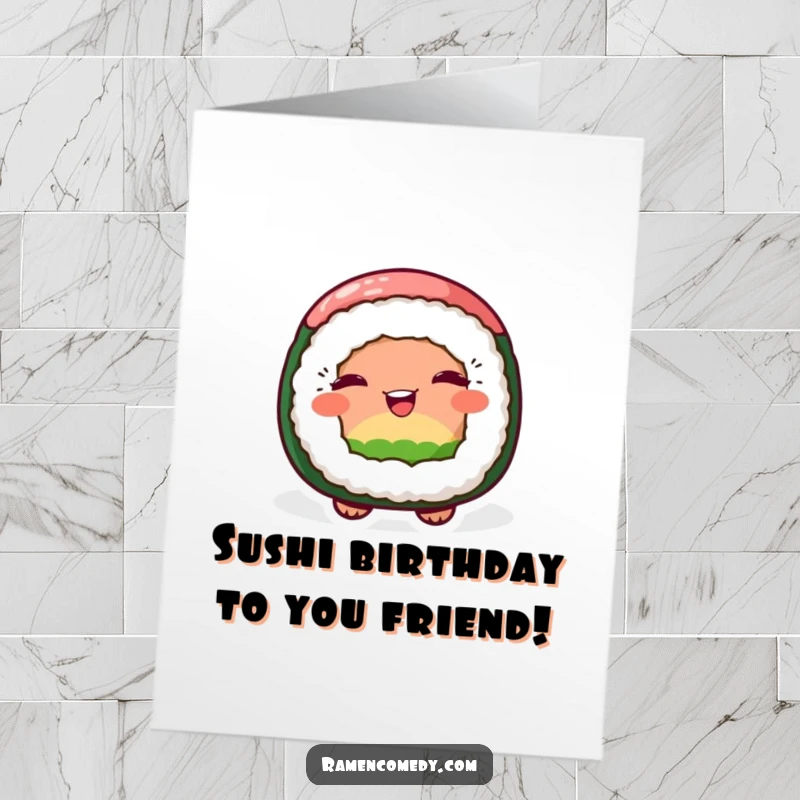 Funny Free Printable Birthday Card: A cheerful sushi roll character winks playfully, sending warm birthday wishes with a fun twist.