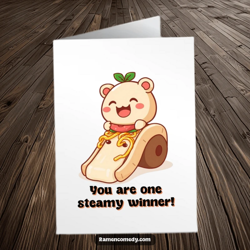 Funny Free Printable Congratulations Card of a happy bao bun sliding down noodles, signifying an exciting achievement.