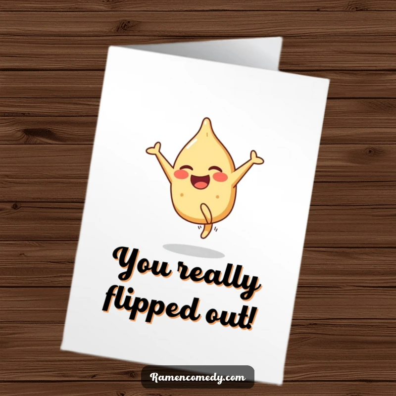 Funny Free Printable Congratulations Card: Gyoza character does a cartwheel with glee to celebrate a big win gift.