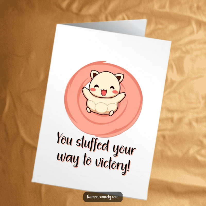 Funny Free Printable Congratulations Card: A happy dumpling hops gleefully on a naruto swirl, celebrating achievements. Perfect DIY downloadable gift.