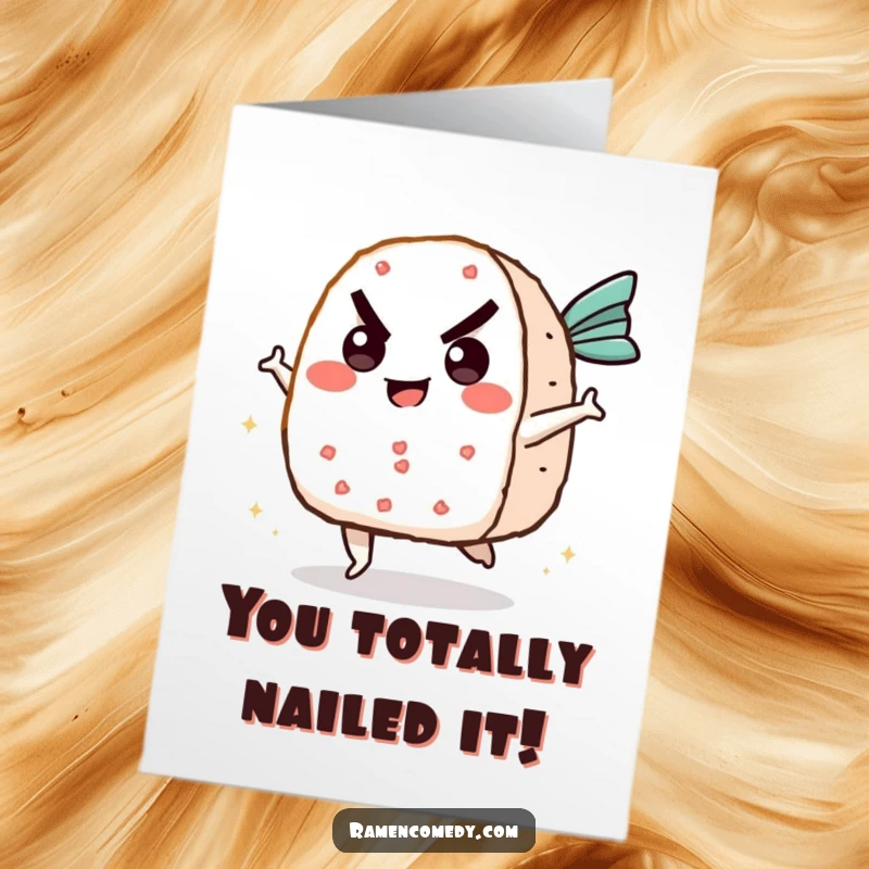 Funny Free Printable Congratulations Card: Determined onigiri character launching a flying fish cake with a powerful kick.