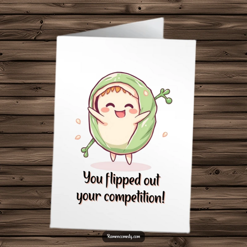 Funny Free Printable Congratulations Card of a grinning seaweed wrap performing a cartwheel, signifying an impressive achievement.