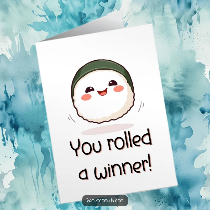 Funny Free Printable Congratulations Card featuring a delighted sushi character in a whimsical, celebratory spin, conveying pure joy.