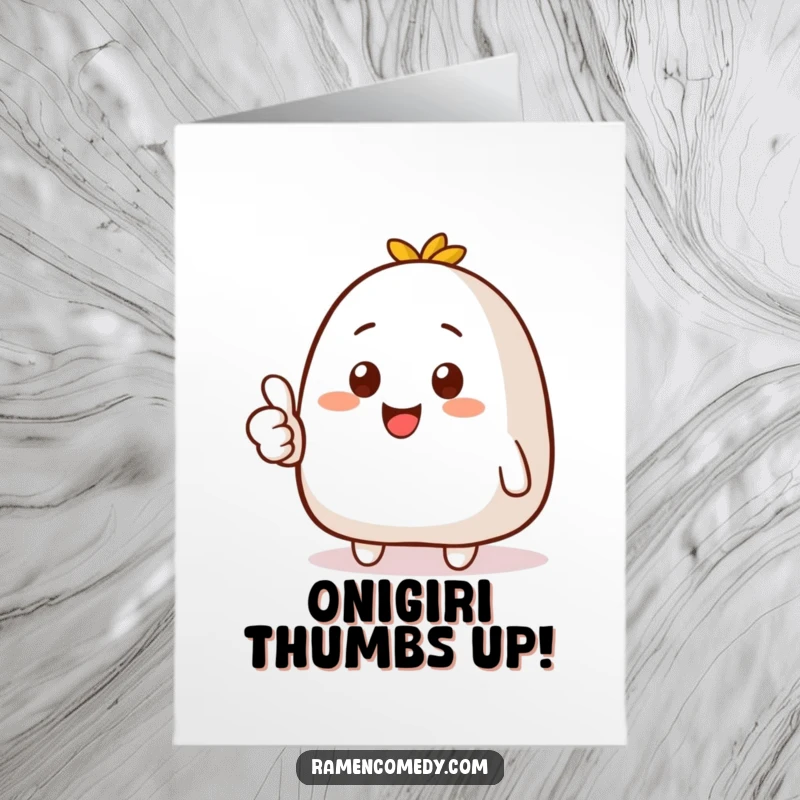Free Printable Congratulations Card: A smiling onigiri character gives a confident thumbs up for success.