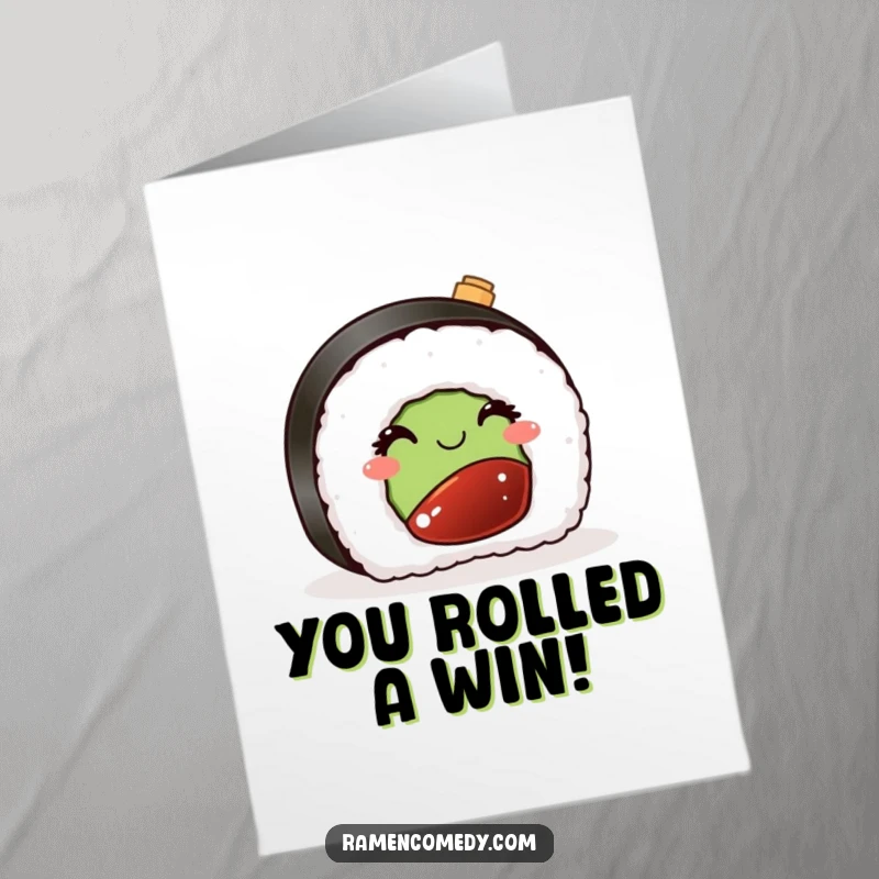 Funny Free Printable Congratulations Card: A sushi piece winks cheekily next to a miniature soy sauce bottle, celebrating success. Perfect DIY downloadable gift.