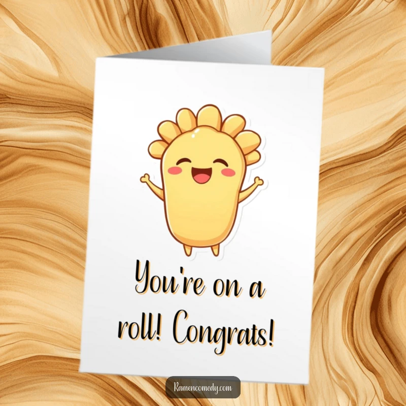 Funny Free Printable Congratulations Card: A bouncing piece of tempura character with a delighted expression, celebrating achievements.