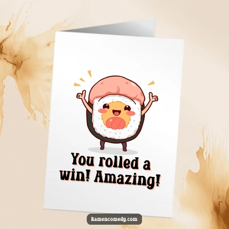 Funny Free Printable Congratulations Card: A smiling sushi roll character doing a lively celebratory dance, cheering for success.