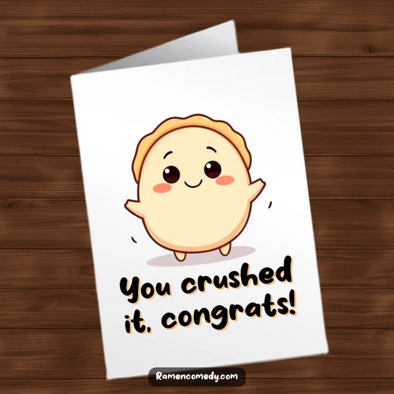 Funny Free Printable Gyoza Congratulations Card: Happy dumpling character rolling with excitement, a downloadable gift.