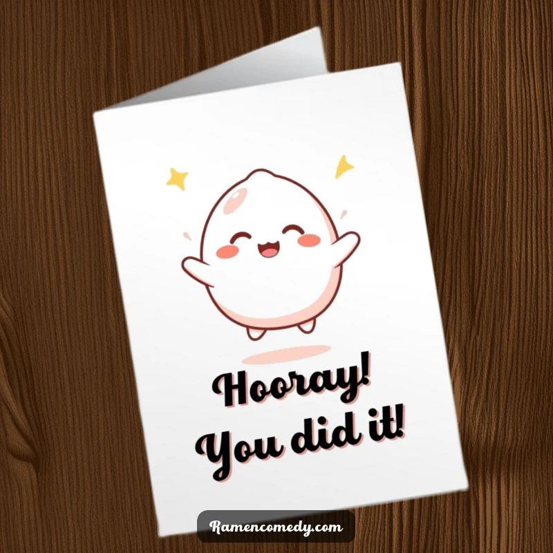 Funny Free Printable congratulations card with a happy mochi character bouncing joyfully, celebrating achievements with pure enthusiasm.