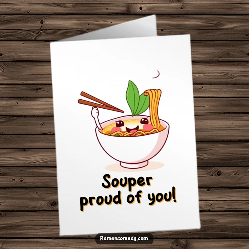Funny Free Printable Congratulations Card: A cheerful ramen bowl juggles chopsticks, celebrating a successful achievement with delicious flair.