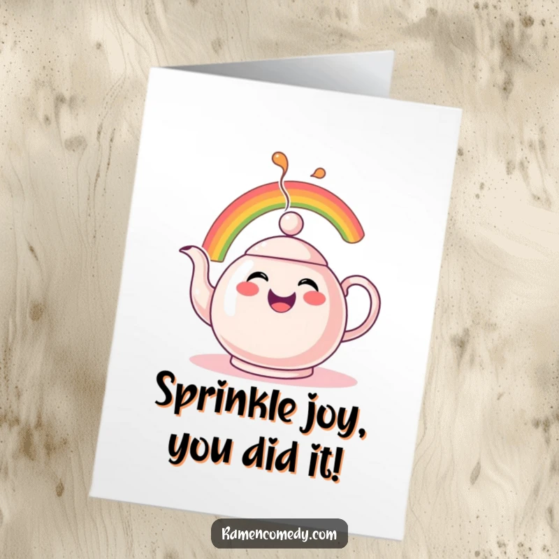 Funny Free Printable Teapot Congratulations Card: A happy teapot character enthusiastically spouting a rainbow.