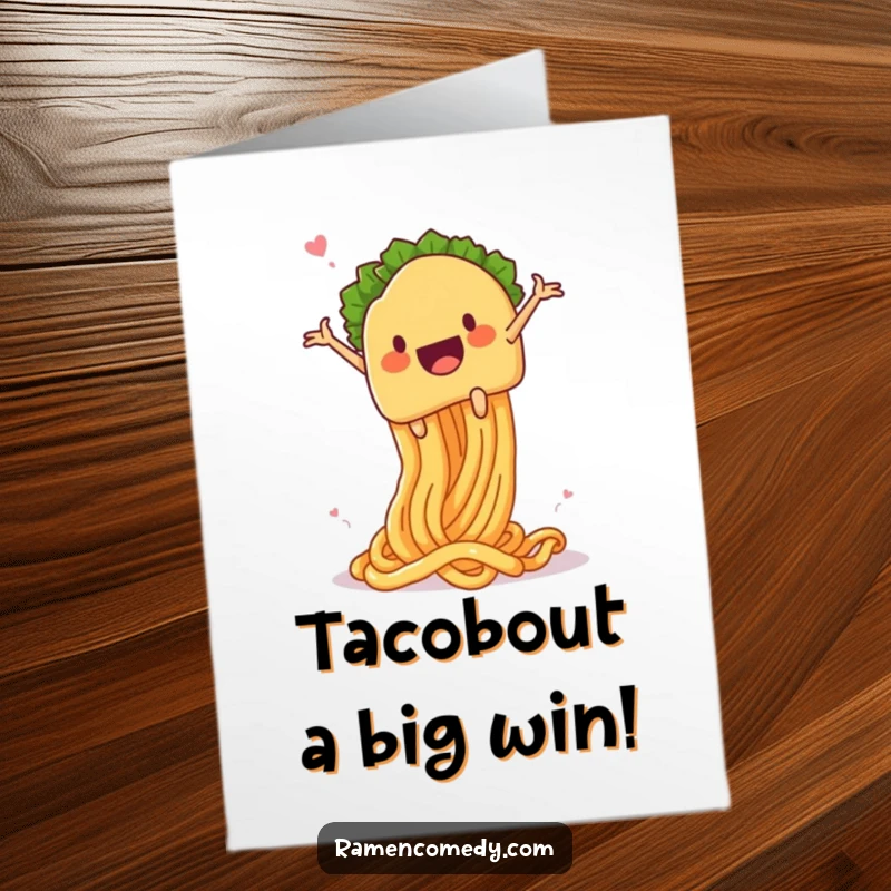 Funny Free Printable Congratulations Card: Taco character launching dynamically from a giant springy noodle, celebrating big wins.