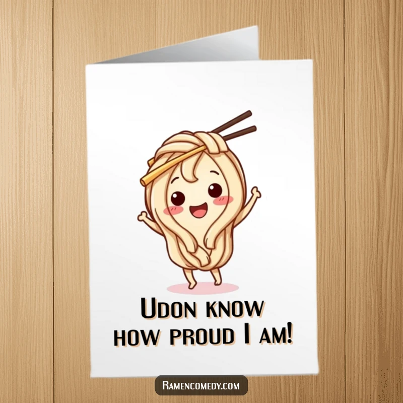 Funny Free Printable Congratulations Card, a happy udon noodle character dancing with chopsticks, celebrating achievements with joy.
