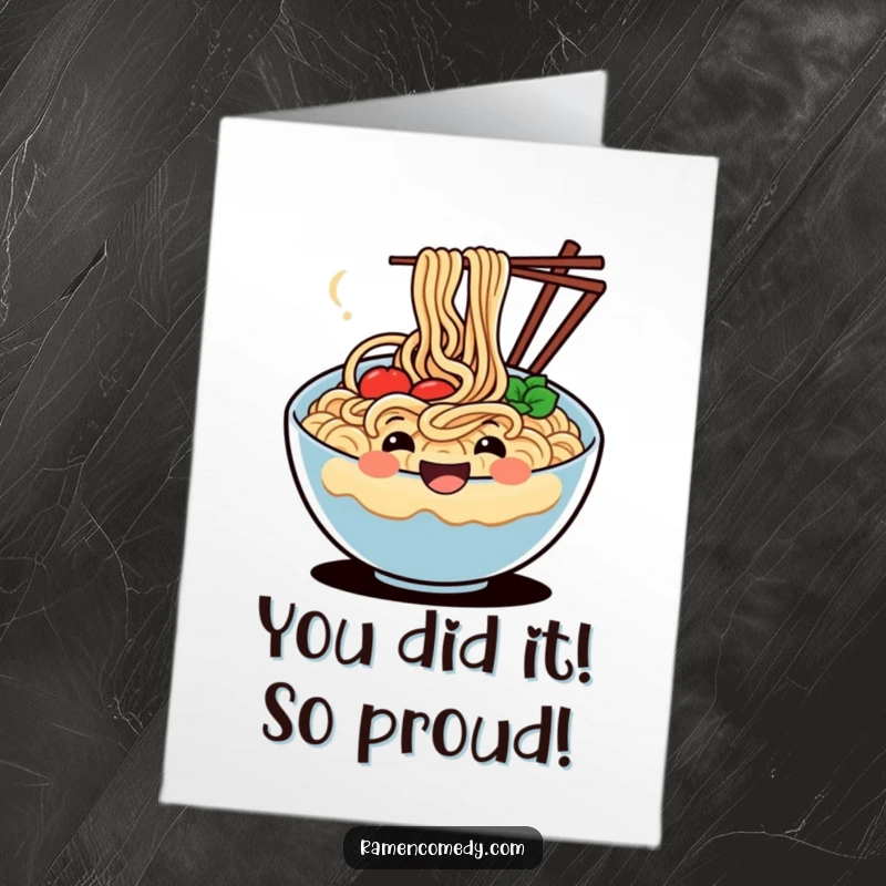 Hilarious free printable congratulations card featuring a content, wiggling noodle bowl giving a thumbs up, ideal for any celebration.