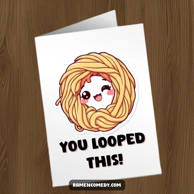 Free Printable Congratulations Card: An excited ramen noodle character forms a loop to celebrate success.