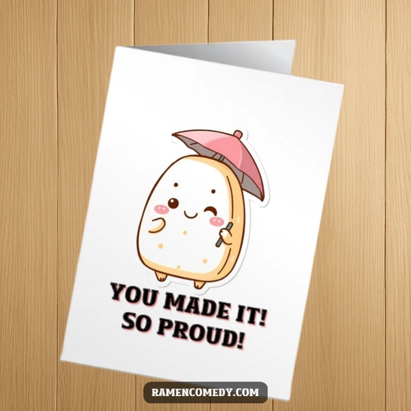 Funny Free Printable Congratulations Card: A grinning onigiri character holding a tiny umbrella, cheering for your amazing achievement.