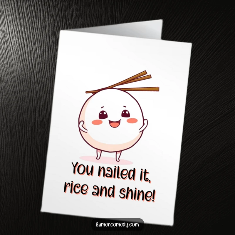 Funny Free Printable Congrats Card: Grinning onigiri ball character juggling chopsticks with flair. Exciting downloadable gift.