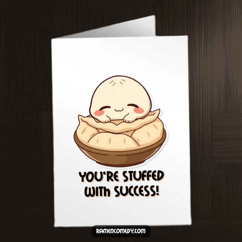 Free Printable Congratulations Card: A happy gyoza character with a satisfied smile naps peacefully on a steaming pile.