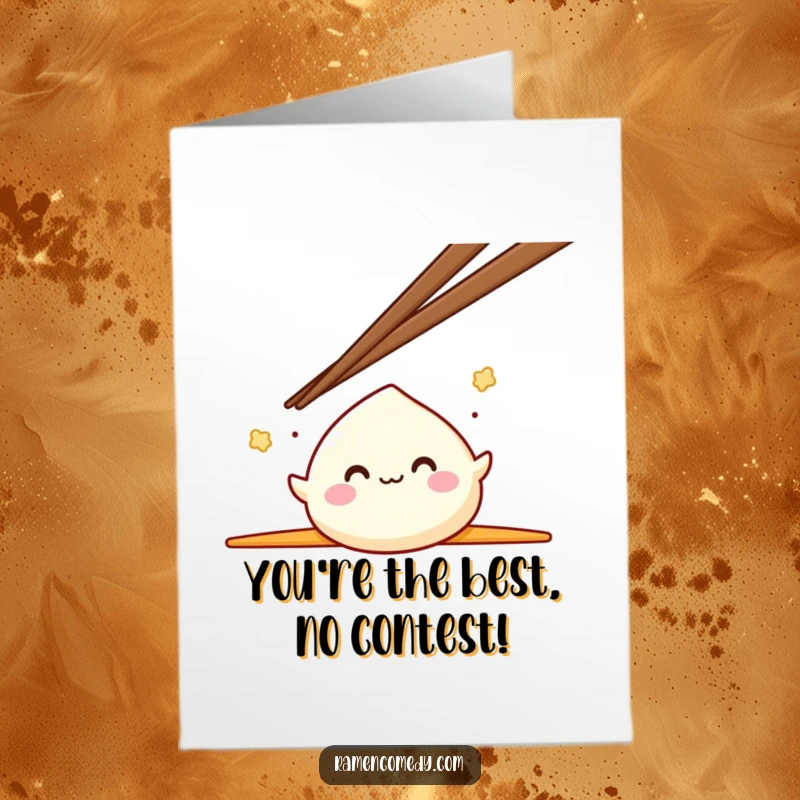 Funny Free Printable Mochi Congratulations Card: A happy mochi character mid-bounce between large chopsticks.