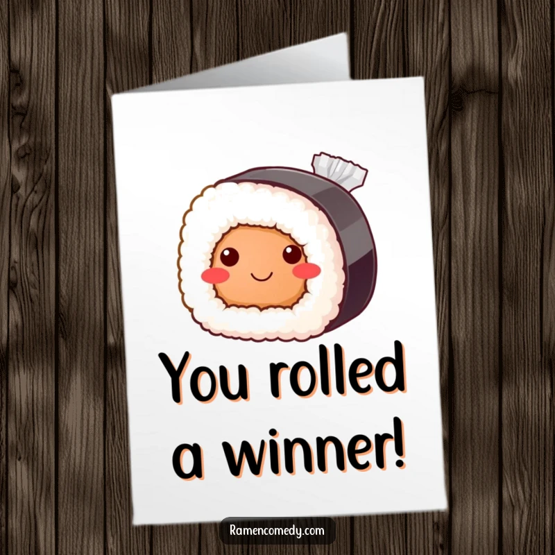 Funny free printable congratulations card with a shy sushi roll peeking from behind a soy sauce packet, perfect for celebrating.