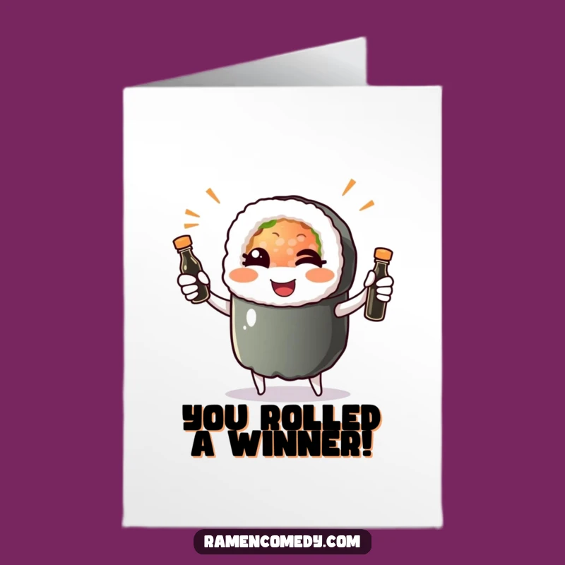 Free Printable Congrats Card: Sushi Roll Juggling Soy Sauce for Cheerful Celebration