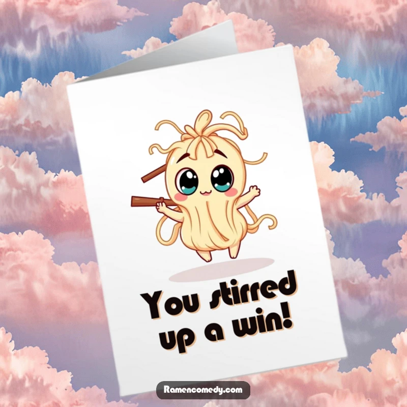 Funny Free Printable Congratulations Card: A wiggly noodle creature with huge, expressive eyes performs a joyful dance around a chopstick.