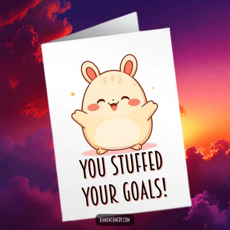 Funny Free Printable Congrats Card: Happy bao bun character giving a warm, welcoming embrace. Cheerful downloadable gift.