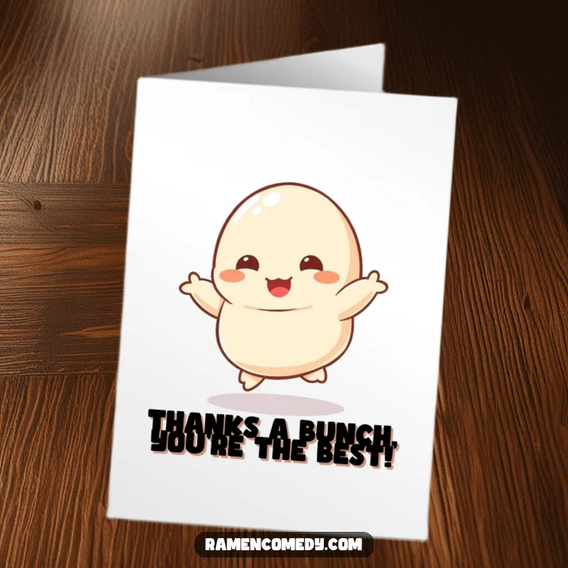 Funny Free Printable dumpling character with tiny feet kicking joyfully, expressing thanks with a dance.