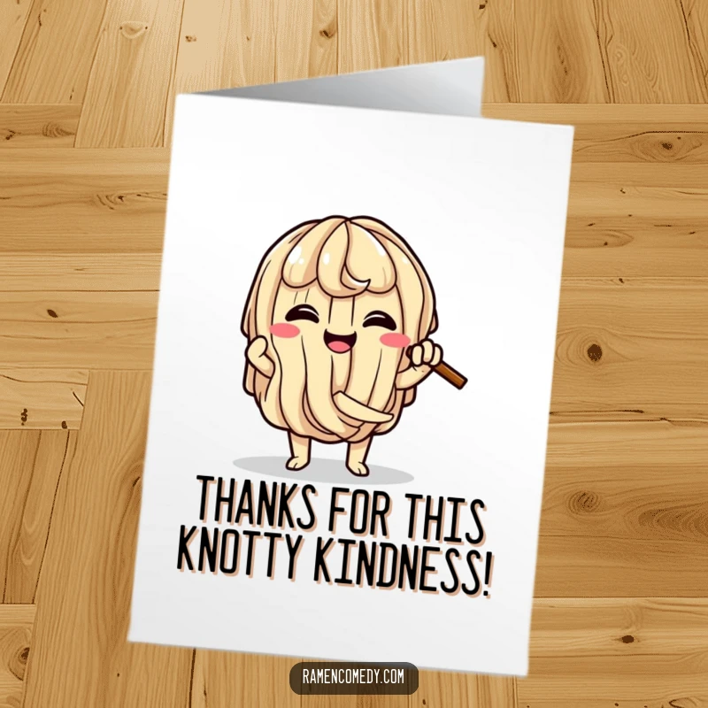 Funny Free Printable Ramen Thank You Card: A happy ramen noodle character in a self-inflicted knot.