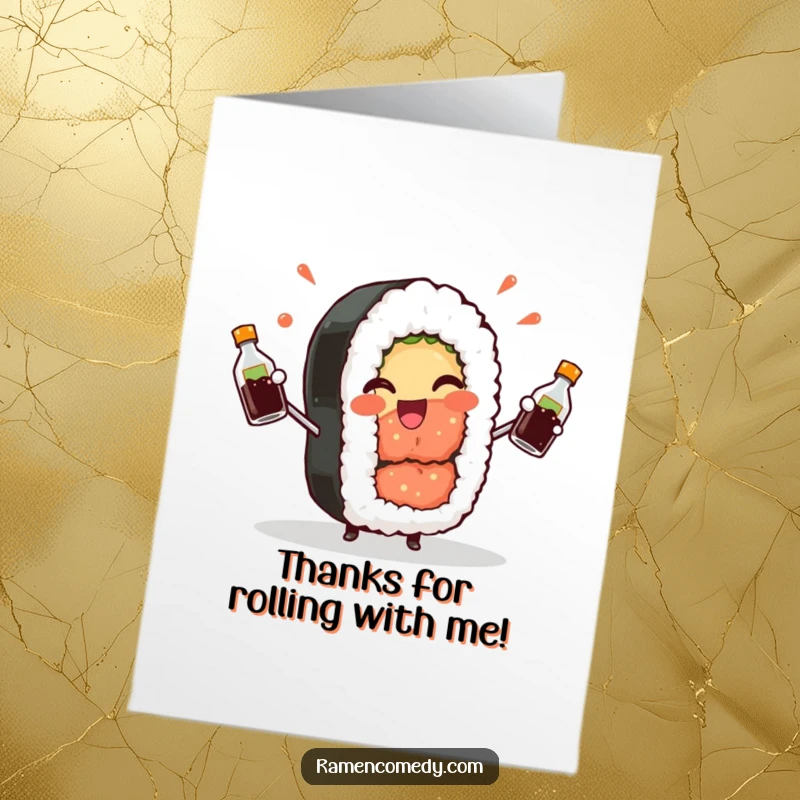 Funny Free Printable Thank You Card, a sushi roll character winking playfully while juggling soy sauce bottles.