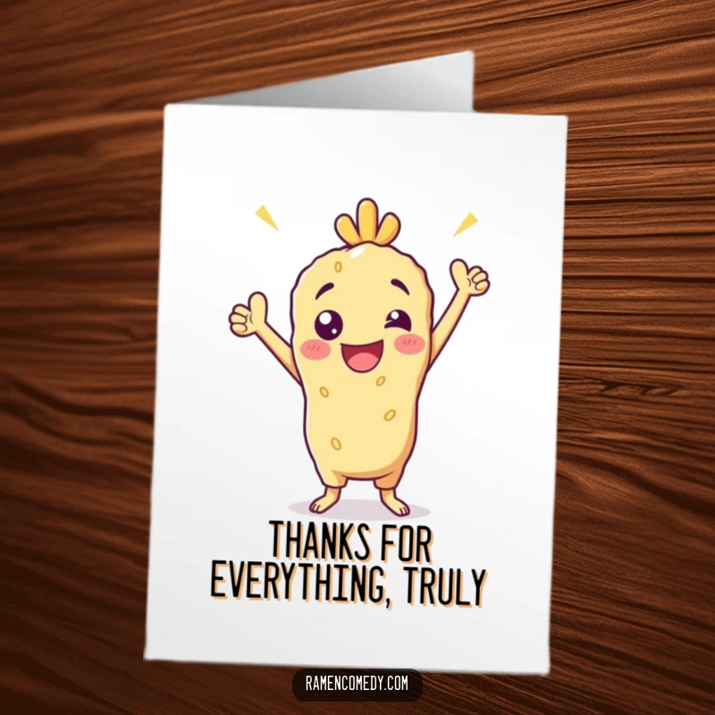 Funny Free Printable Thank You Card: A victorious tempura character striking a pose, expressing sincere thanks.
