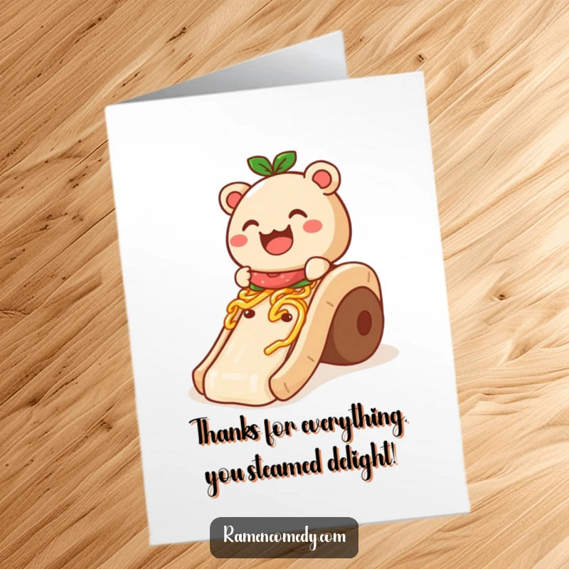 Funny Free Printable Thank You Card depicting a cheerful bao bun sliding down a noodle slide, offering a fun way to say thanks.