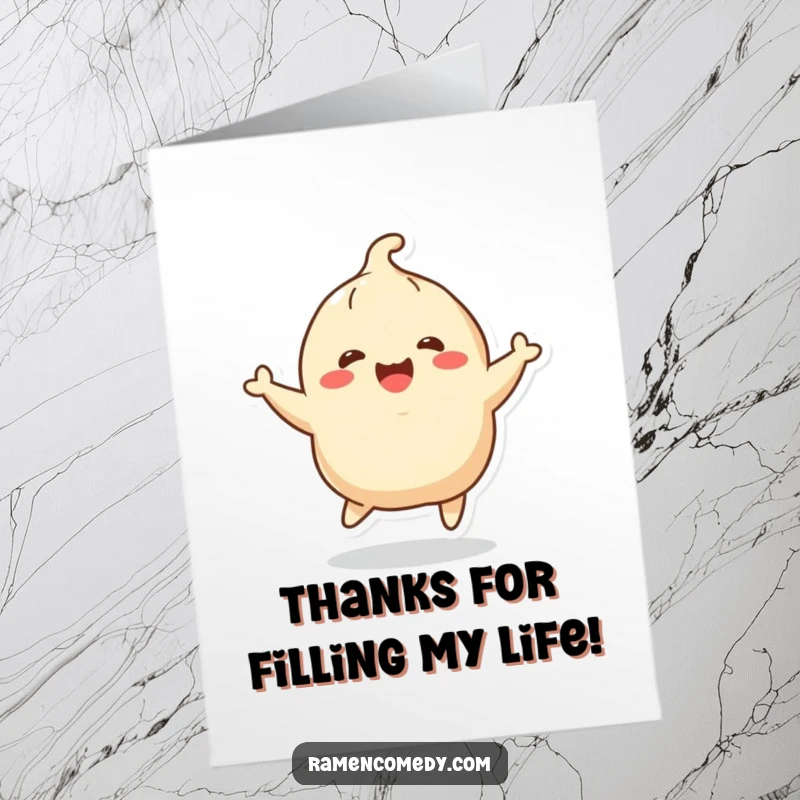 Funny Free Printable Thank You Card: A cheerful dumpling character bounces with excitement, conveying sincere thanks. Downloadable art.