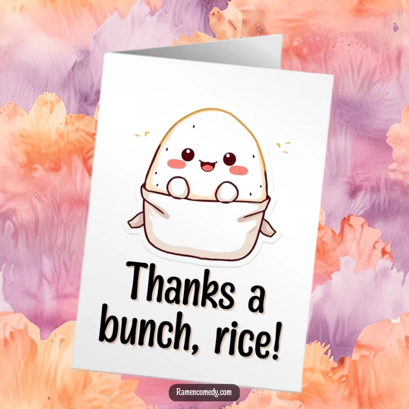 Funny Free Printable Thank You Card: A smiling onigiri character peeking out of its wrapper, offering warm thanks.