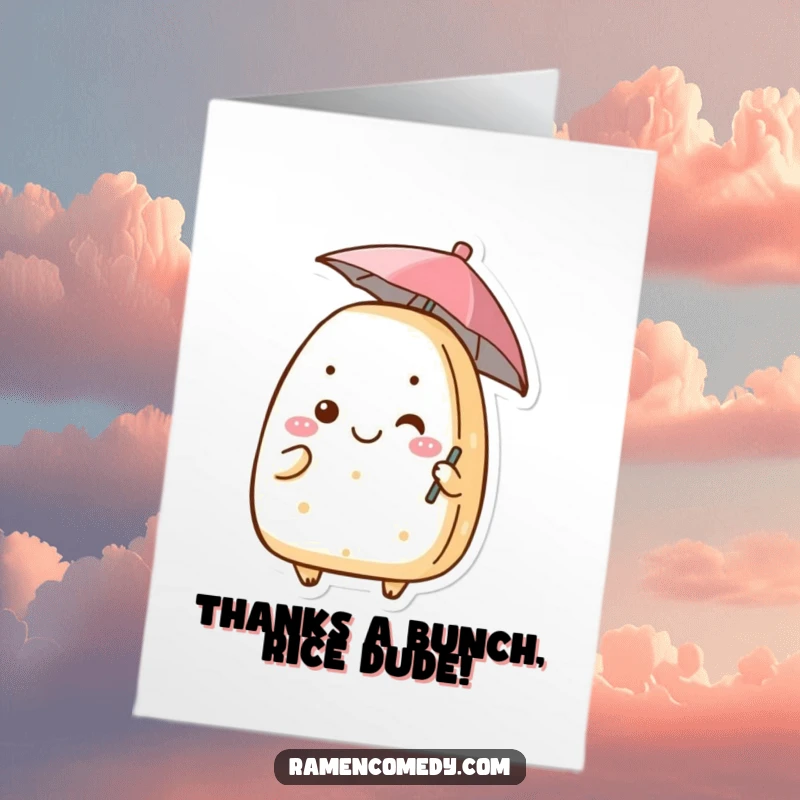 Funny Free Printable Thank You Card: A grinning onigiri character holding a tiny umbrella, sending thanks with a cheerful vibe.