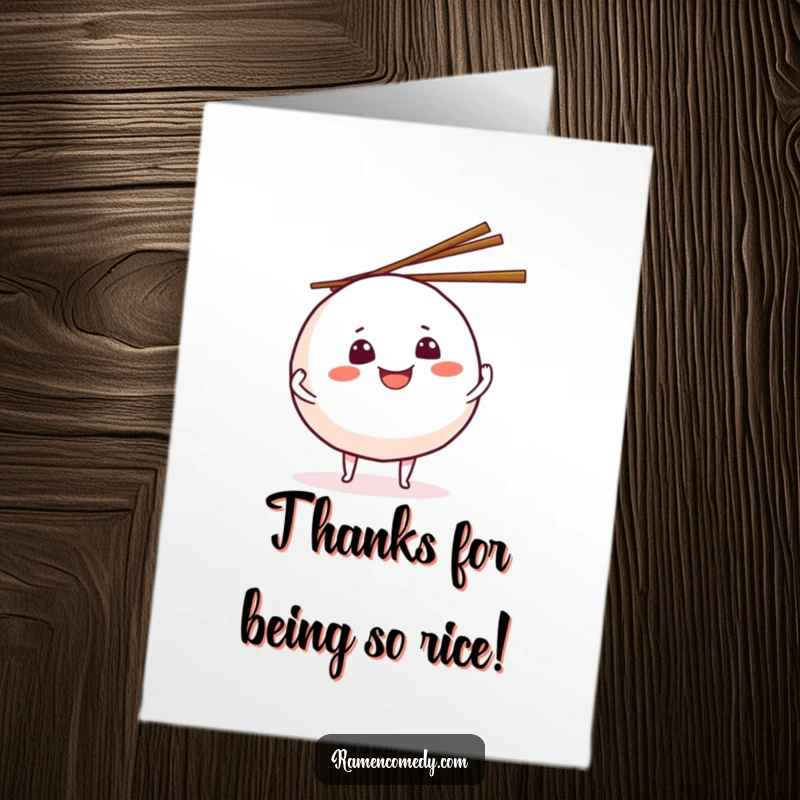 Funny Free Printable Thank You Card: Grinning onigiri ball character juggling chopsticks. Playful downloadable gift.