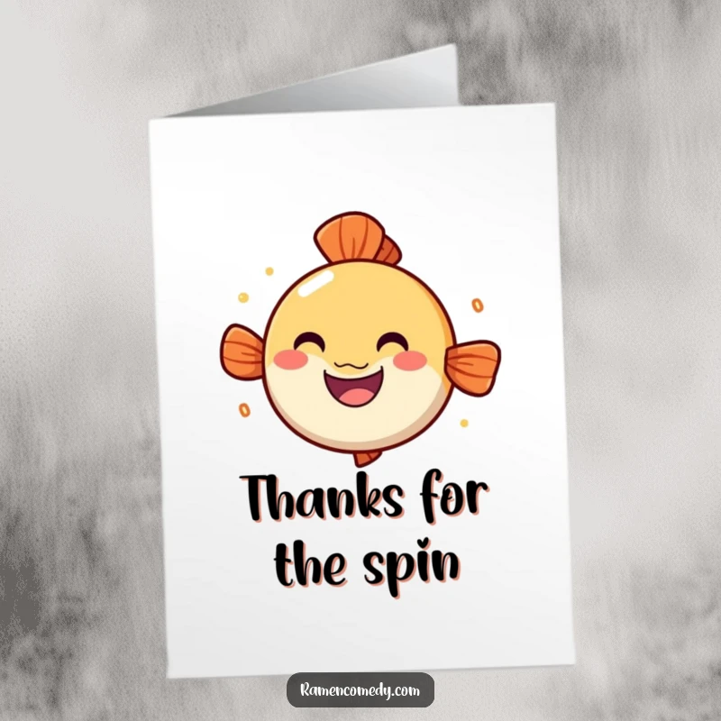 Funny free printable thank you card featuring a bouncy, grinning narutomaki fish cake spinning joyfully with a cheerful smile.