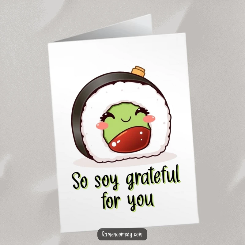 Funny Free Printable Thank You Card: A sushi piece winks slyly beside a tiny soy sauce bottle. Cute downloadable art.