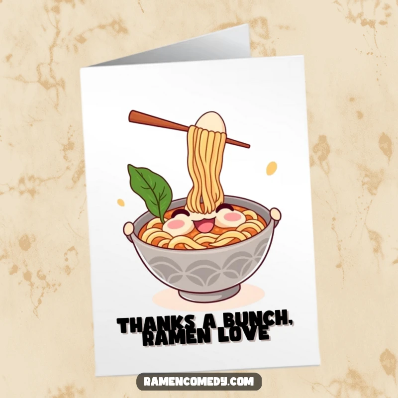 Funny Free Printable Thank You Card with a smiling ramen bowl juggling chopsticks and an egg, perfect for expressing thanks.