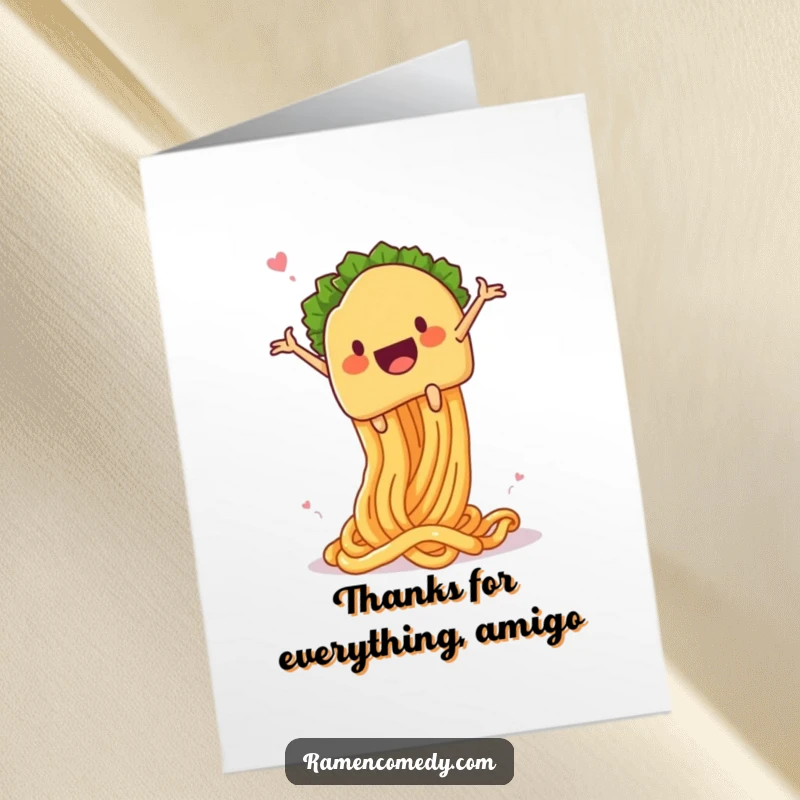 Funny Free Printable Thank You Card: Taco character launching from a springy noodle, a fun and unexpected way to say thanks.