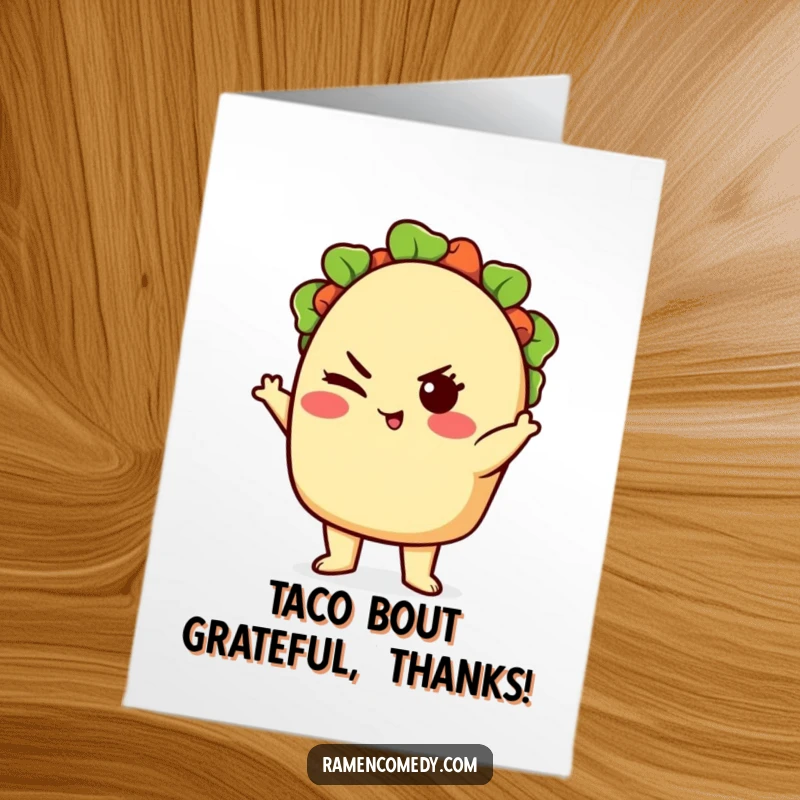 Funny Free Printable Thank You Card of a cute taco character striking a bold pose and offering a charming wink, conveying thanks.