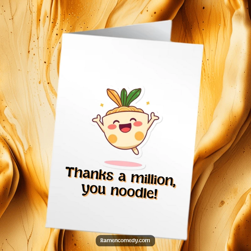 Funny Free Printable Thank You Card featuring a happy ramen bowl character in a spectacular celebratory jump, perfect for expressing thanks.