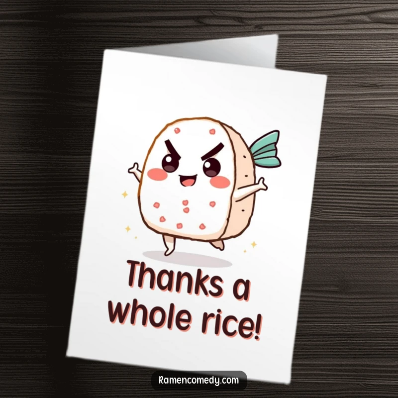 Funny Free Printable Thank You Card: Determined onigiri character kicks a flying fish cake, celebrating your gratitude.