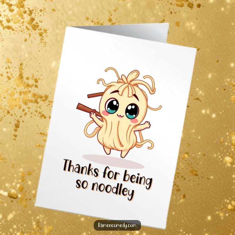 Funny Free Printable Thank You Card: A wiggly noodle creature with wide, thankful eyes dances around a chopstick, conveying appreciation.