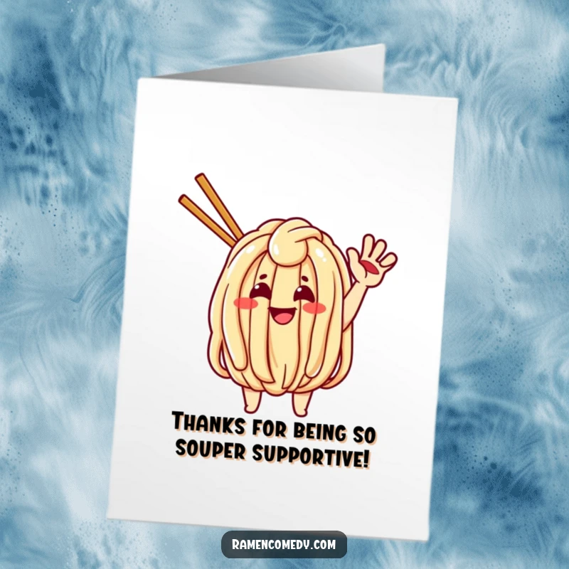 Funny Free Printable Thank You Card: Cheerful udon noodle character waving energetically, expressing thanks in a cute food illustration.
